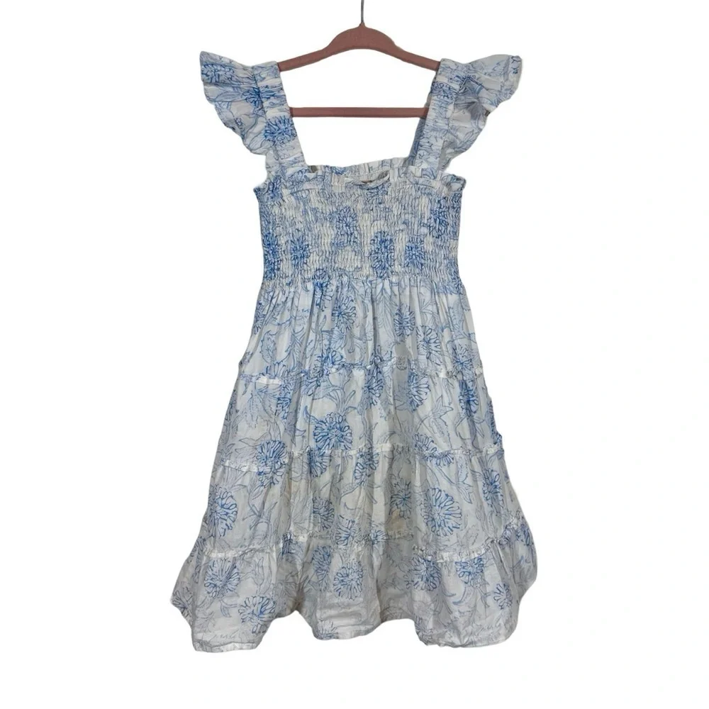 J. Marie Palmer Floral Blue and White Smocked Tiered Flutter Dress PLEASE READ
